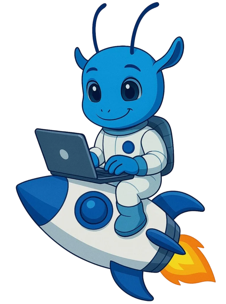 crazore brand character using a laptop sitting on a rocket